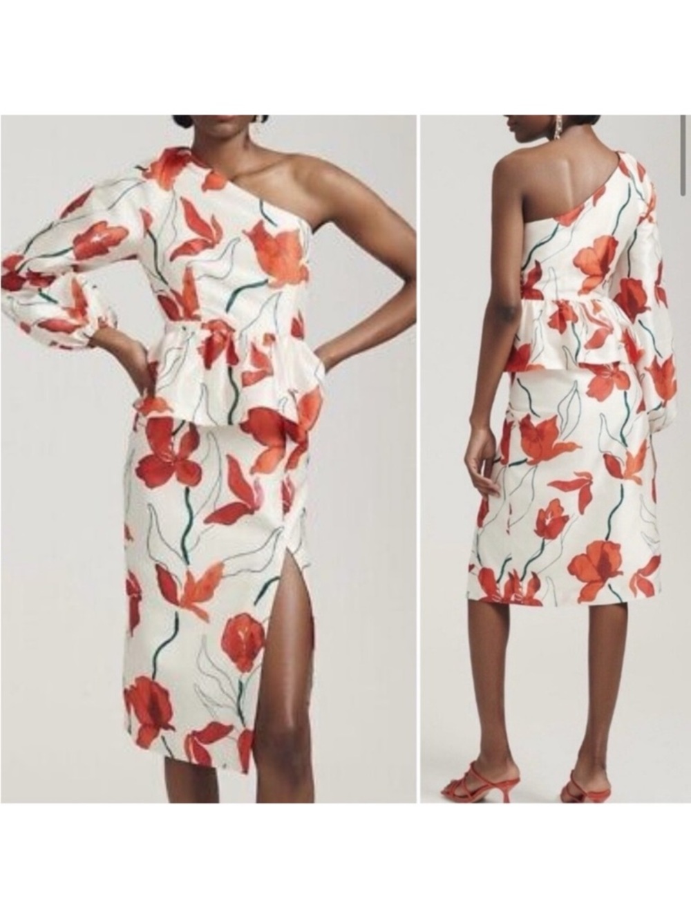Anthropologie Hutch One-Shoulder Peplum Midi Dress Red White Floral Size 6